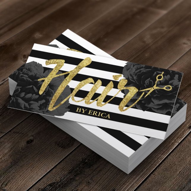 Hair Stylist Gold Script Modern Black Floral Business Card (Creator Uploaded)