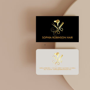 Hair Stylist Gold Script Scissors Comb Dryer Business Card