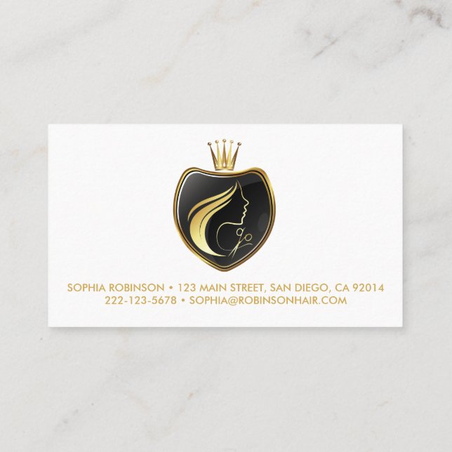 Hair Stylist Gold Script Scissors Crown Business Card (Back)