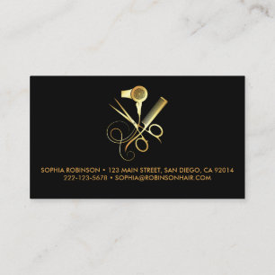 Hair Stylist Gold Script Scissors Dryer Comb Business Card