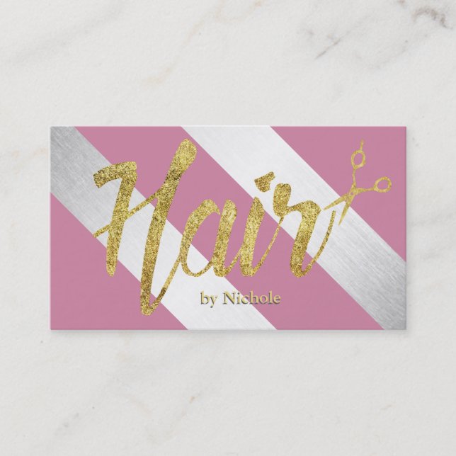 Hair Stylist Gold Scripts Modern Silver Stripes Appointment Card (Front)