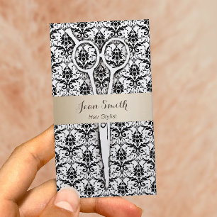 Hair Stylist Gold Striped Black Damask Appointment Card