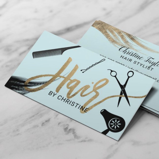 Hair Stylist Gold Typography Beauty Salon Mint Business Card (Creator Uploaded)