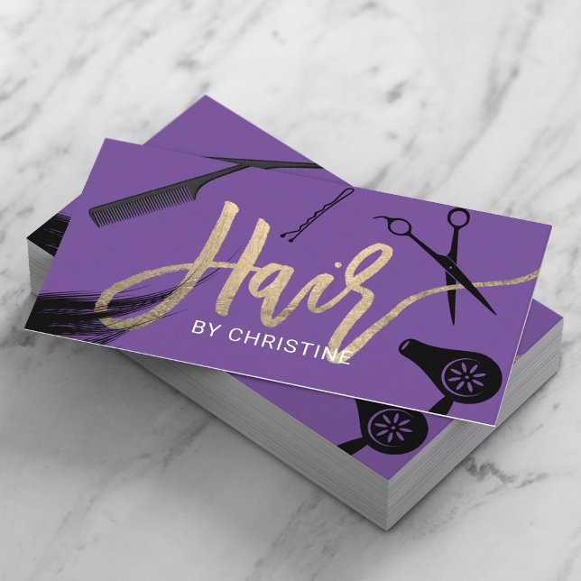 Hair Stylist Gold Typography Beauty Salon Purple Business Card (Creator Uploaded)