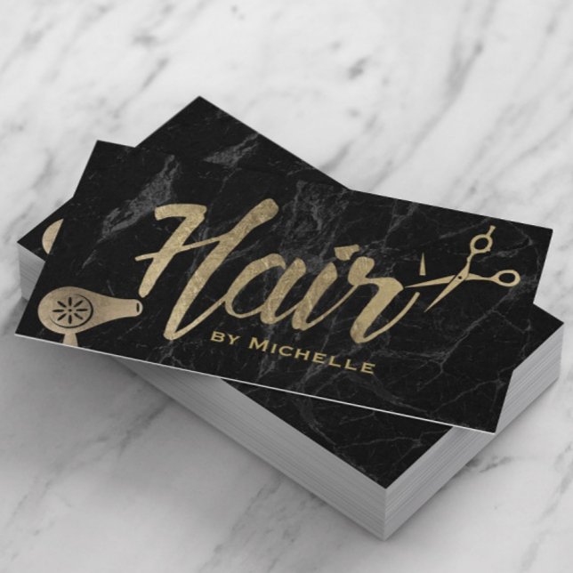 Hair Stylist Gold Typography Modern Marble Salon Business Card (Creator Uploaded)