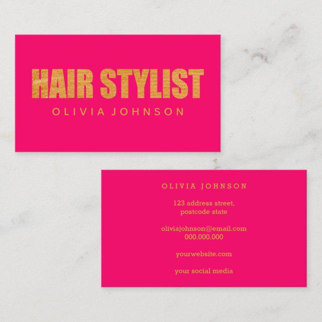 Hair Stylist Gold Typography Modern Pink Business Card (Front/Back)