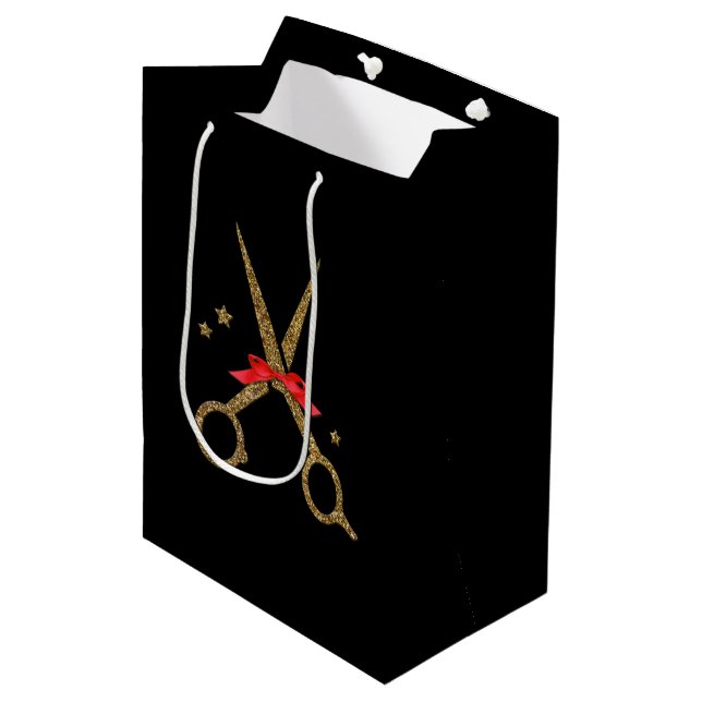 HAIR stylist golden glitter scissors gift bag (Front Angled)
