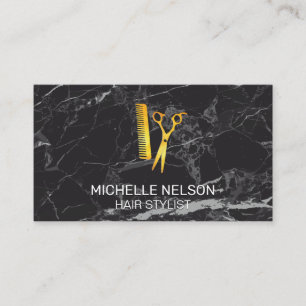 Hair Stylist   Golden Shears Comb   Black Marble Business Card