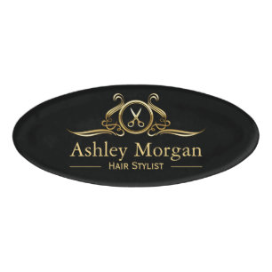 Hair Stylist Hair Cut Luxury Gold Scissors Logo Name Tag