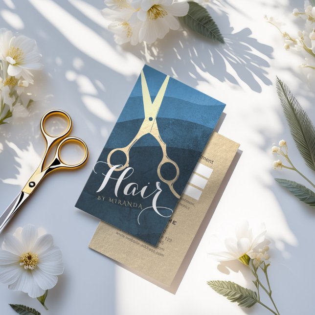 Hair Stylist Hairdresser Beauty Blue Gold Scissors Appointment Card (Creator Uploaded)