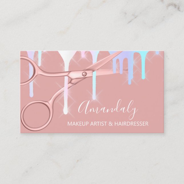 Hair Stylist Hairdresser Drips Holograph Scissors Business Card (Front)