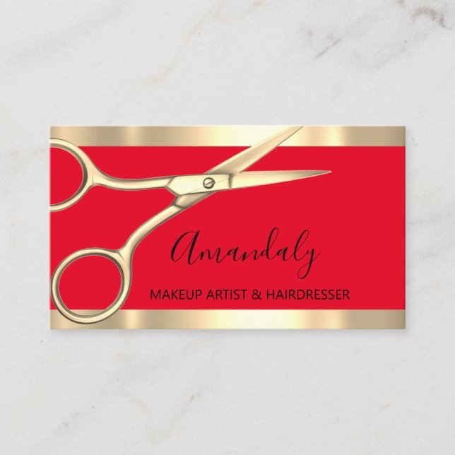 Hair Stylist Hairdresser Golden Scissors Red Business Card (Front)