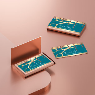 Hair Stylist Hairdresser Golden Scissors Teal Business Card