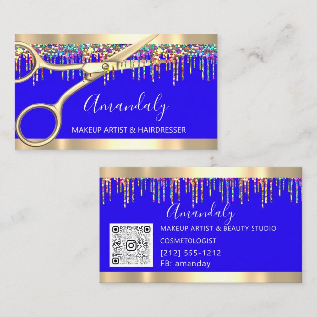 Hair Stylist Hairdresser Holograph Drips QR Blue Business Card (Front/Back)
