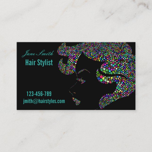 Hair stylist hairdresser modern colourful on black business card (Front)