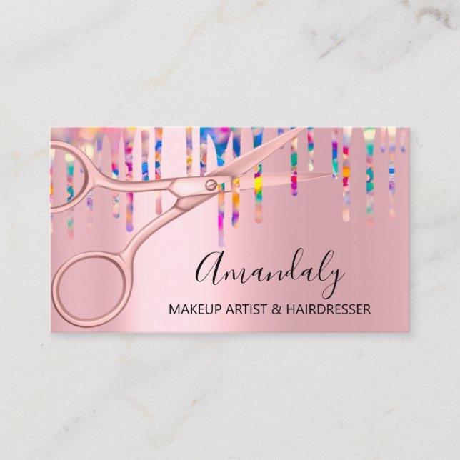 Hair Stylist Hairdresser Pink Holograph Scissors Business Card (Front)