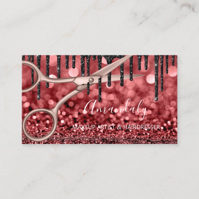 Hair Stylist Hairdresser Rose GlitterScissors Drip Business Card (Front)
