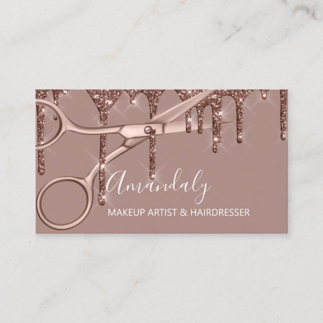 Hair Stylist Hairdresser Rose Gold Scissors Business Card (Front)