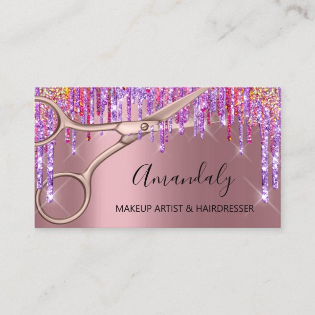 Hair Stylist Hairdresser Rose Purple Scissors Drip Business Card (Front)