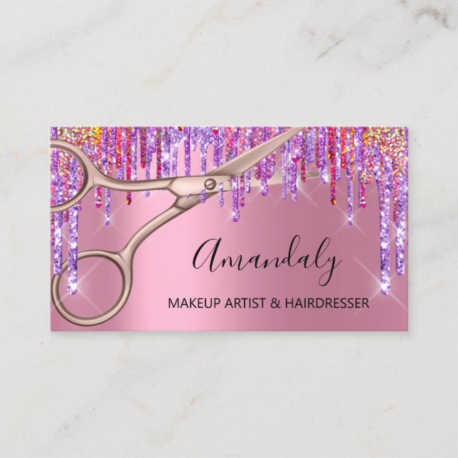 Hair Stylist Hairdresser Rose Purple Scissors Pink Business Card (Front)
