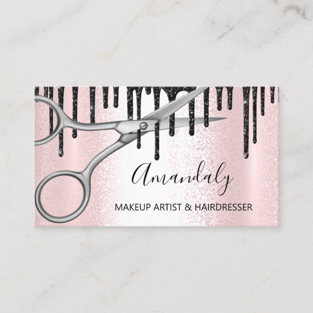 Hair Stylist Hairdresser Rose Siver Scissors Drips Business Card (Front)