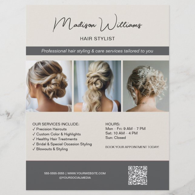 Hair Stylist Hairdresser Salon 3 Photos QR Flyer (Front)