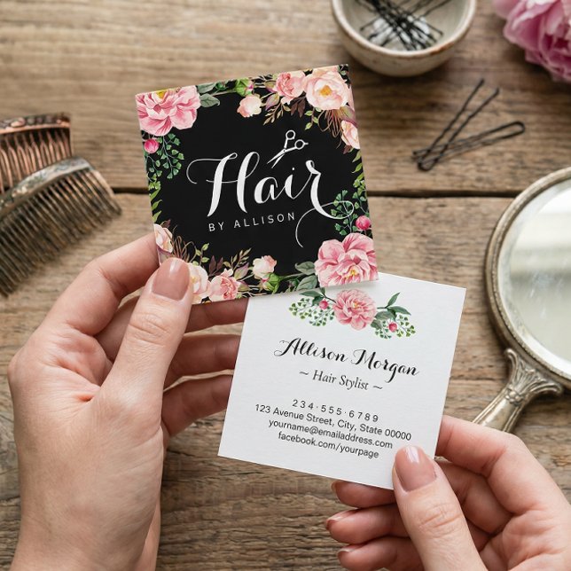 Hair Stylist Hairdresser Scissors Floral Wrapping Square Business Card (Creator Uploaded)