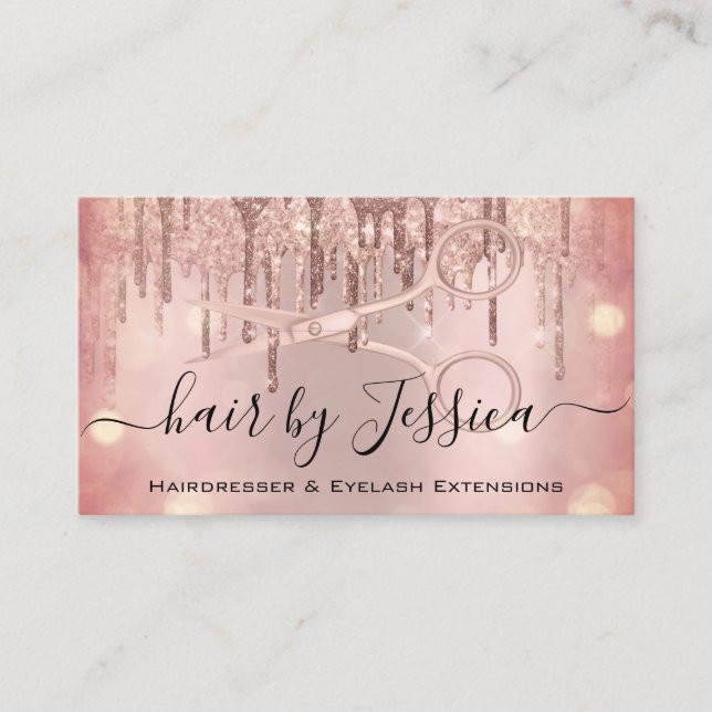 Hair Stylist Hairdresser Scissors Rose Glitter Lux Business Card (Front)