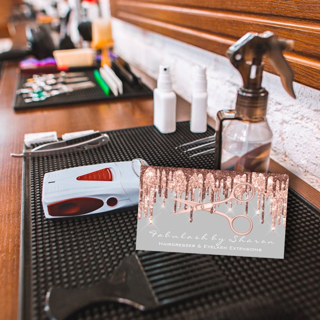 Hair Stylist Hairdresser Scissors Rose Grey Drips Business Card (Hair Stylist Hairdresser Scissors Rose Gray Drips Business Card)