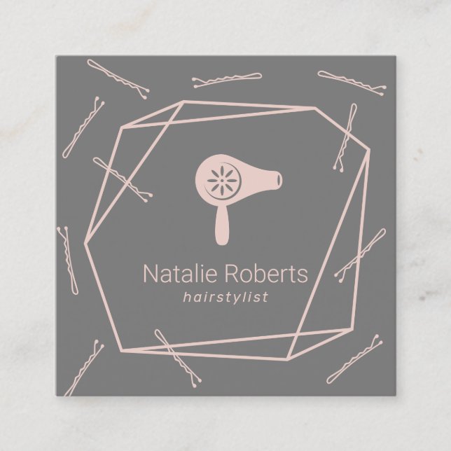 Hair Stylist Hairdryer Bobbi Pins Geometric Salon Square Business Card (Front)