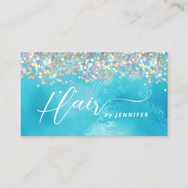 Hair Stylist Holographic Glitter Turquoise Beauty Business Card (Front)