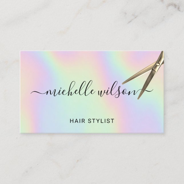 Hair Stylist Holographic Gold Scissor Beauty Salon Business Card (Front)