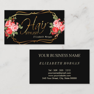 Hair Stylist in a Black and  Beautiful Red Floral Business Card