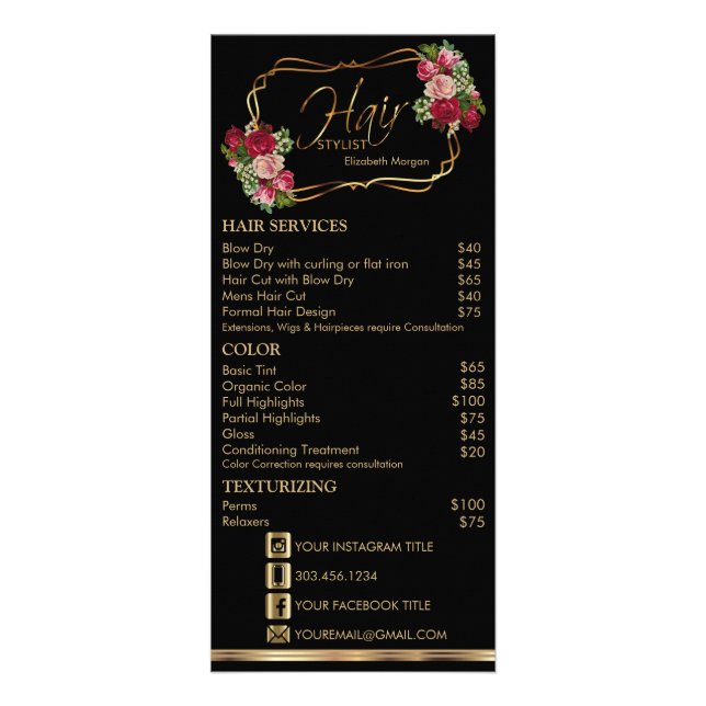 Hair Stylist in a Black & Red Floral-  Price List Rack Card (Front)