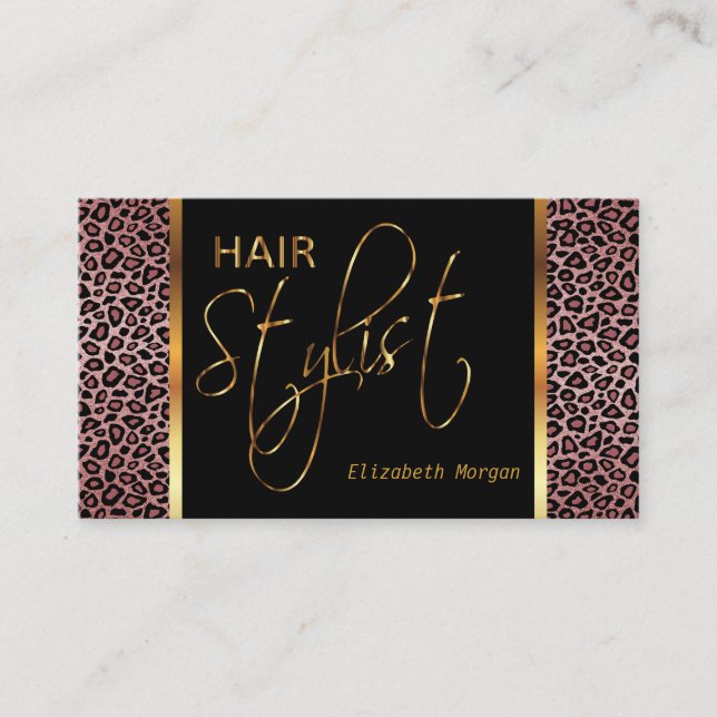 Hair Stylist in a Dusty Rose Leopard Print Business Card (Front)