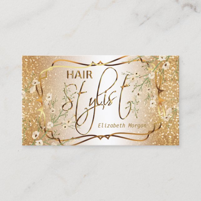 Hair Stylist in a Gold Glitter and Floral Business Card (Front)