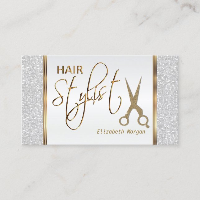 Hair Stylist in a White Glitter and Gold Business Card (Front)