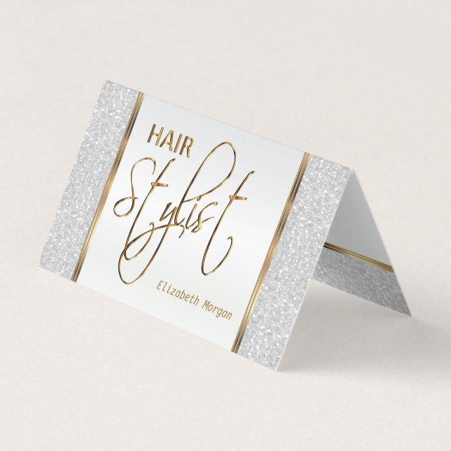Hair Stylist in a White Glitter Business Card (Front)