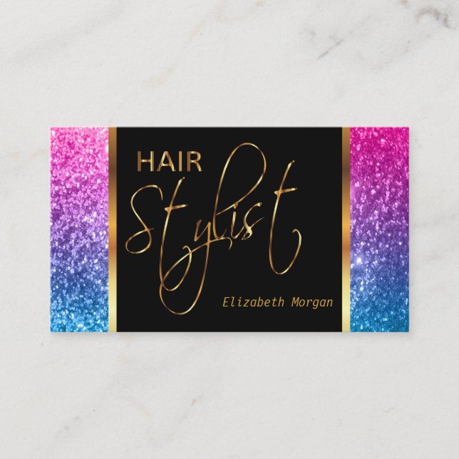Hair Stylist in Colourful Glitter Business Card (Front)