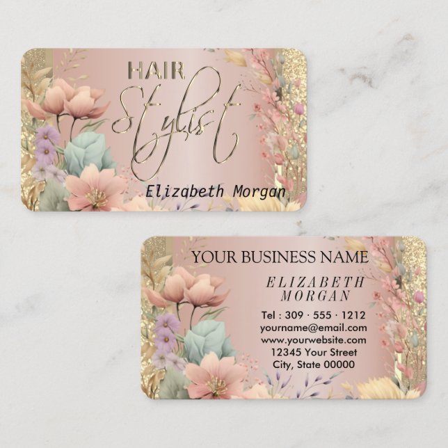 Hair Stylist in Floral and Rose Gold Business Card (Front/Back)