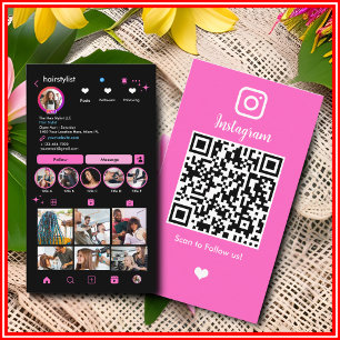 Hair Stylist Instagram Trendy Unique Chic QR Pink Business Card