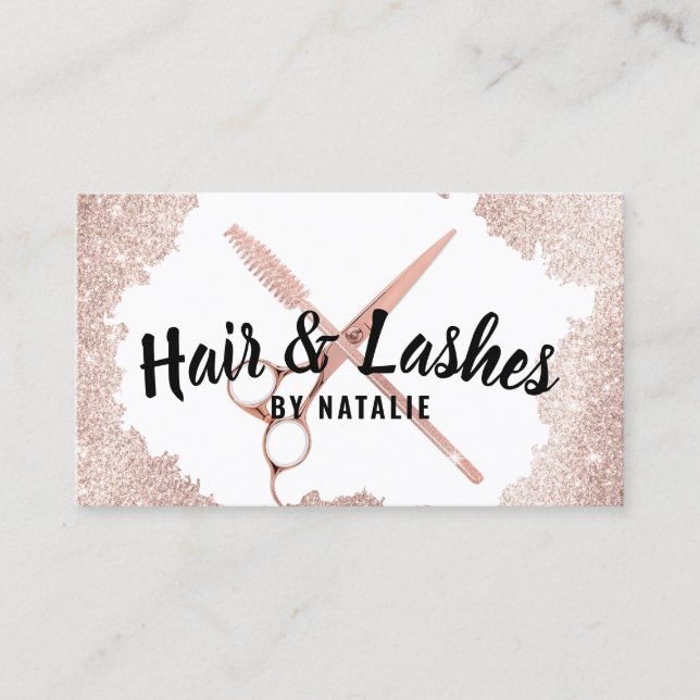 Hair Stylist Lashes Beauty Salon Rose Gold Glitter Business Card (Front)