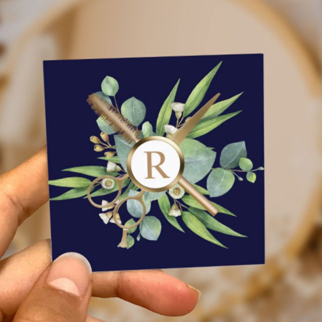 Hair Stylist Lashes Salon Botanical Navy Blue Square Business Card (Creator Uploaded)