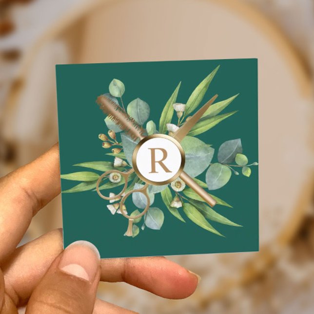 Hair Stylist Lashes Salon Botanical Teal Green Square Business Card (Creator Uploaded)