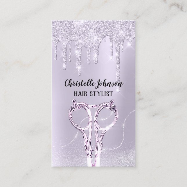 Hair Stylist Lavender Glitter Hairdresser Scissors Business Card (Front)