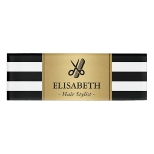 Hair Stylist Logo Classy Gold Black White Stripes Name Tag