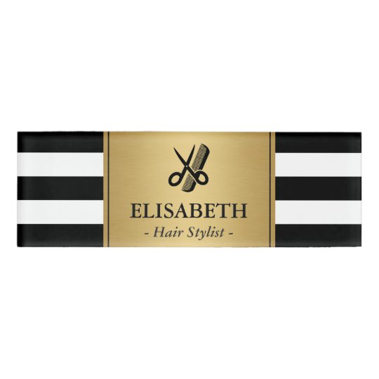 Hair Stylist Logo Classy Gold Black White Stripes Name Tag