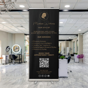 Hair Stylist Logo QR Social Media Black Gold Retractable Banner
