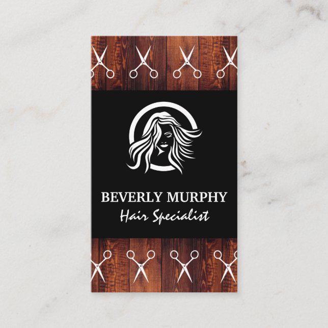 Hair Stylist Logo | Salon Scissors | Wood Trim Business Card (Front)