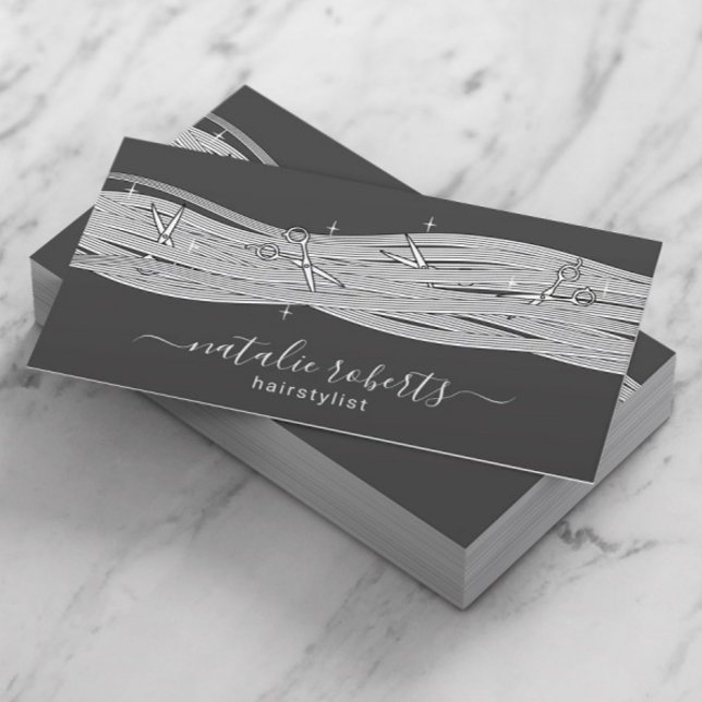 Hair Stylist Long Hair & Scissors Dark Grey Salon Business Card (Creator Uploaded)